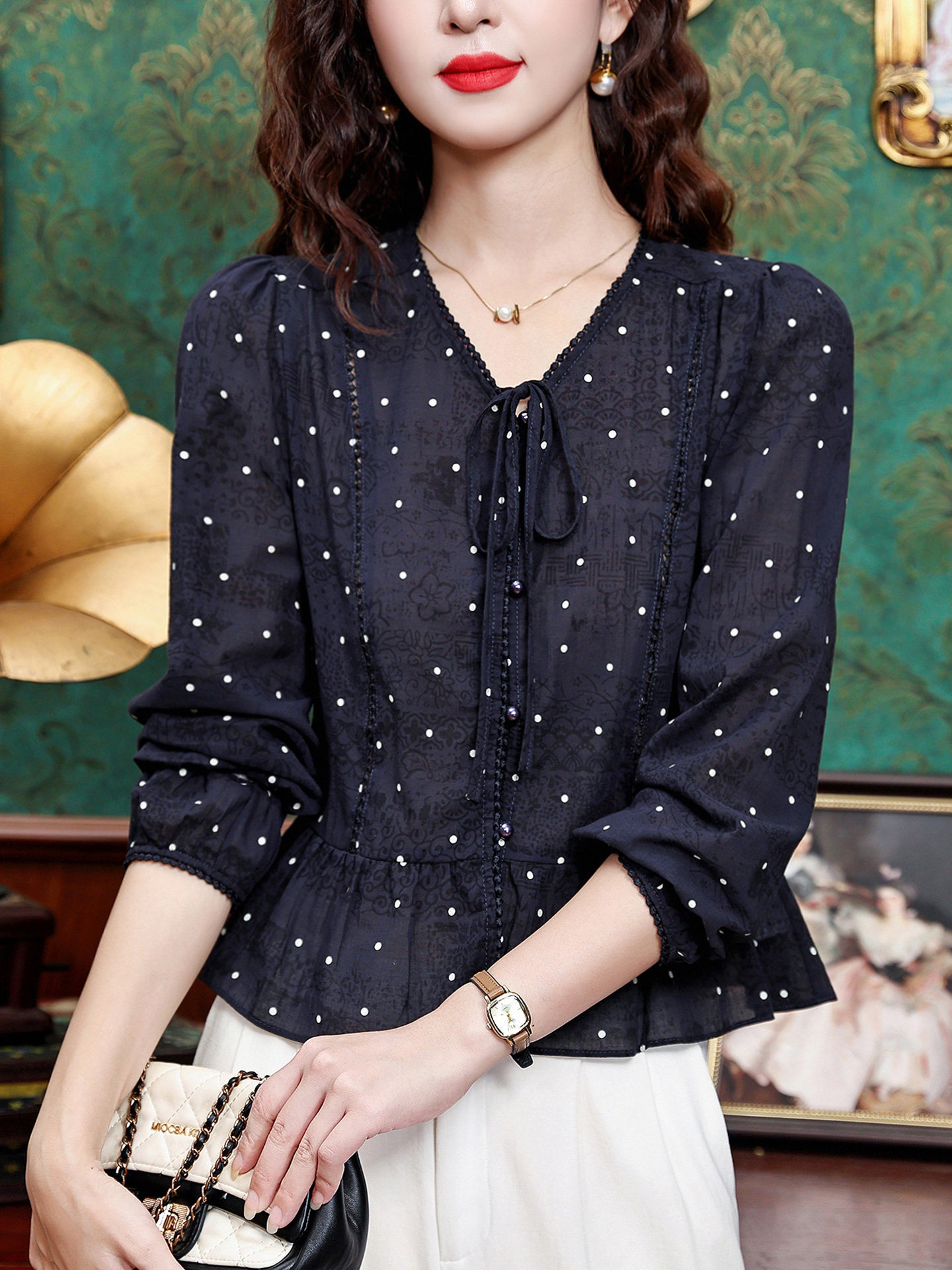 Áo sơ mi nữ tay dài cổ nơ bướm họa tiết chấm bi phong cách vintage — Xanh lông mòng đen