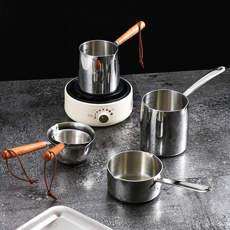 無貨源代發家用咖啡煮鍋醬汁鍋304三層鋼油潑鍋木柄淋油勺潑油鍋