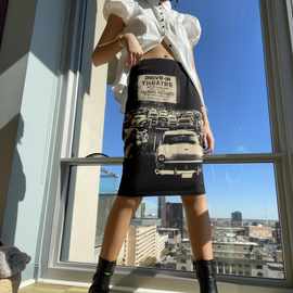 春季针织印花黑色中长款气质通勤纯色短裙包臀裙半身裙  （1035#)