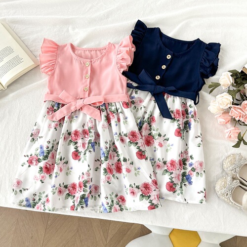 Children's Summer New Arrival Floral Edge Short Sleeve Dress with Ties