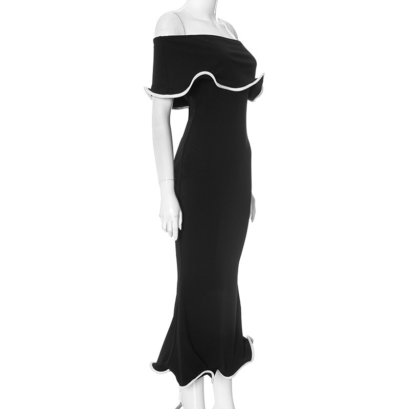 Women Clothing Summer Contrast Color Ruffled off the Shoulder Tube Top Backless Sheath Sexy Dress