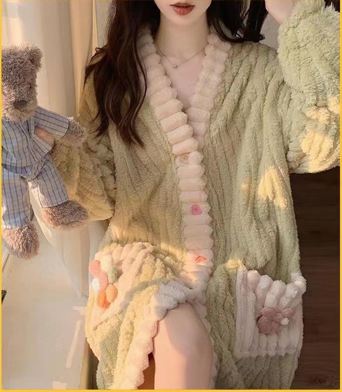 秋冬季珊瑚绒睡衣套装女加绒加厚家居服时尚可外穿法兰绒开衫睡袍|undefined
