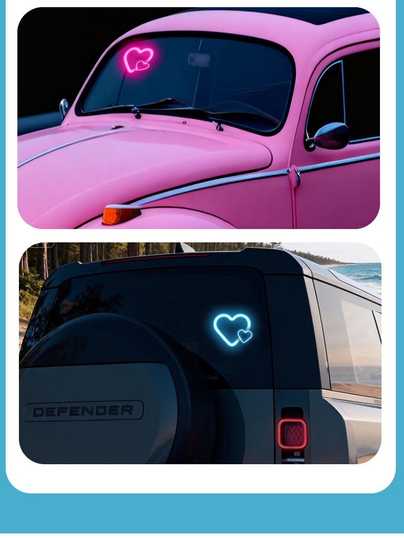 Cross-Border Popular Car USB Solar-Powered Wireless Led Heart-Shaped Light Triangular Window Wireless Neon Light Decorative Light