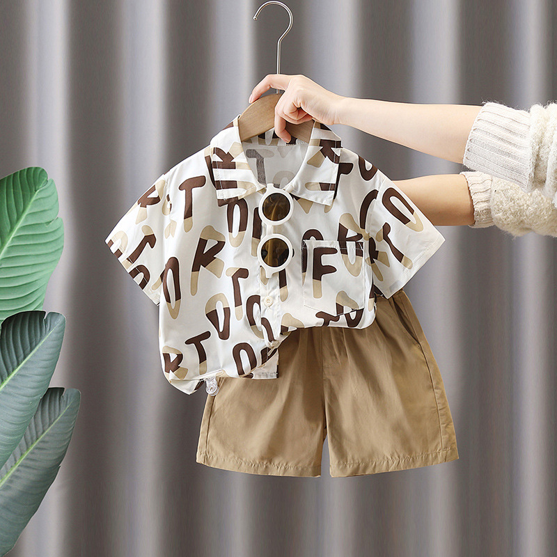 7112 Traje de camisa con letras para niños, camisa de manga corta de moda de verano para niños guapos, traje de dos piezas de verano
