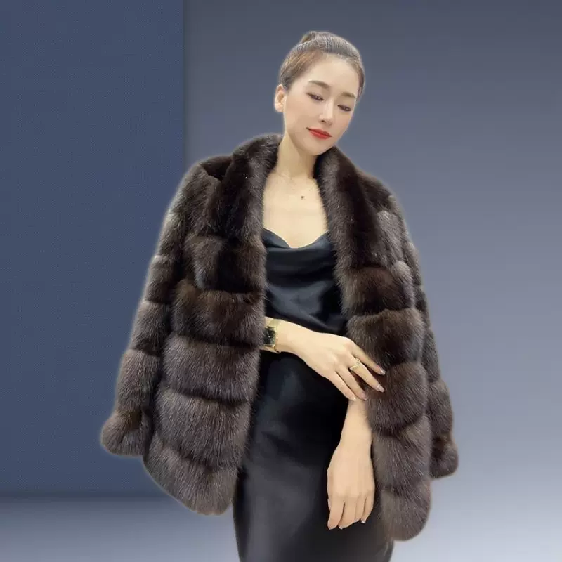 2025紫貂V领毛外套女宽松显瘦仿皮草冬季保暖外套水貂毛