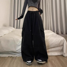 黑色纯棉大码工装裤女新款美式休闲爵士宽松阔腿裤雅痞运动长裤子
