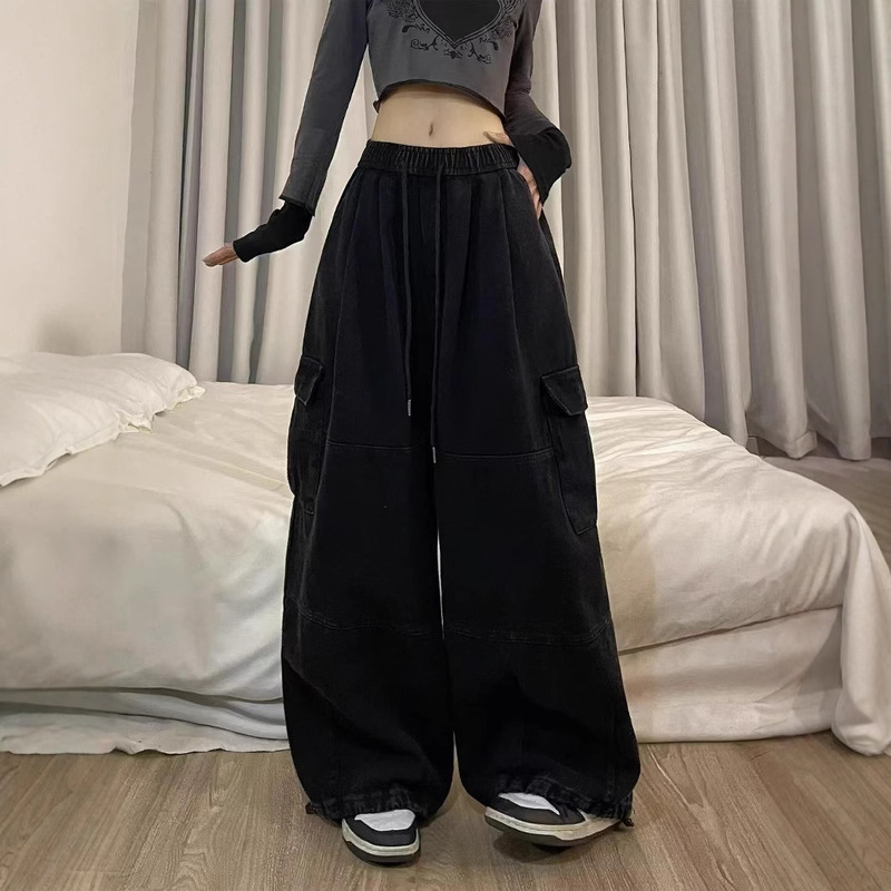 Black Pure Cotton plus size Overalls Women's New American Style Casual Jazz Loose Wide Leg Pants Yuppie Sports Long Pants Black Pure Cotton plus size Overalls Women's New American Style Casual Jazz Loose Wide Leg Pants Yuppie Sports Long Pants