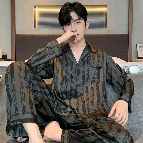 Men's Spring and Autumn Pajama Set, Ice Silk Long Pants, Long-Sleeve Youth High-Grade Simulated Silk Summer Thin Home Wear Set