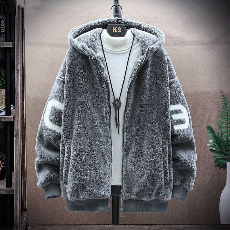 Men's Trendy Hooded Large Size Lamb Wool Jacket for Autumn and Winter, Hong Kong Style Loose Casual Warm Couple Cotton Coat