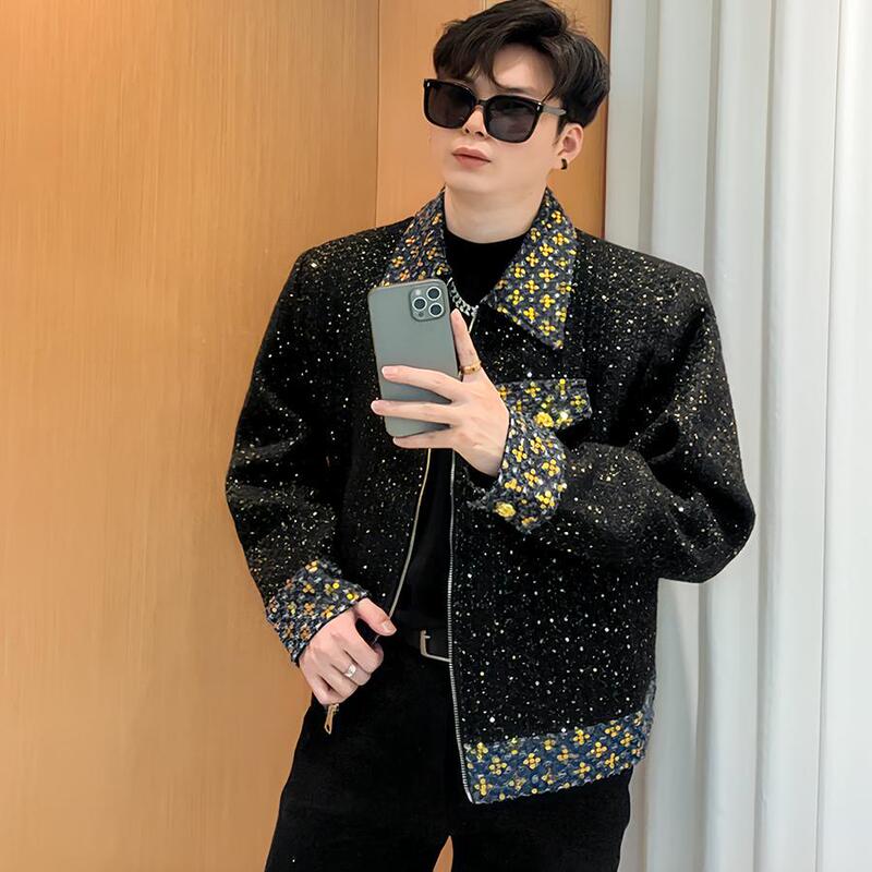 Tweed Sequins Contrast Color Chanel Style Coat Men's Autumn and Winter High-end Glister Shining Jacket Top Trend