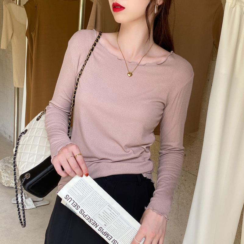 Color caramelo de madera oreja de manga larga Camiseta para mujer primavera nuevo desgaste interior Delgado estudiante color sólido fondo camisa ins top