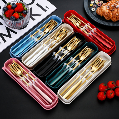 Stainless steel portable tableware spoon fork chopstick set Korean three-piece student tableware outdoor travel set