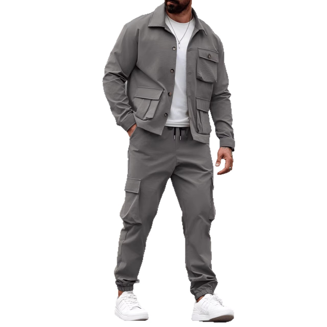 Chaqueta de trabajo de bolsillo para hombre primavera y otoño casual versátil Amazon AliExpress tendencia transfronteriza dos piezas