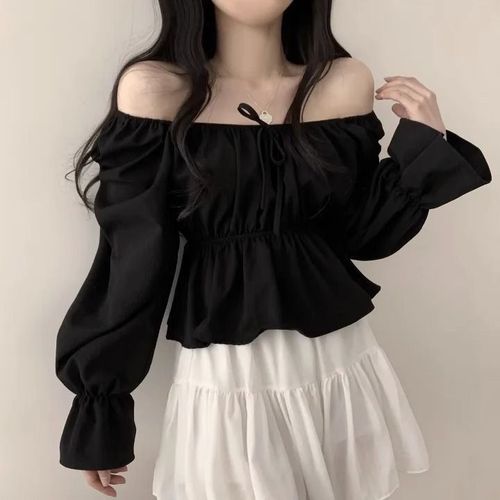 Spring and Summer New Korean Sweet Square Collar Short Lace Waistband Slimming Blouse for Women 