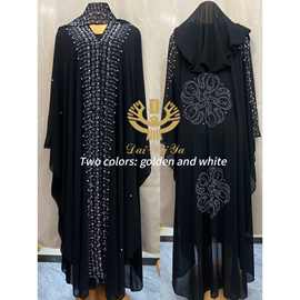 跨境外贸穆斯林长袍两件套迪拜烫钻中东长裙女金色雪纺黑袍abaya