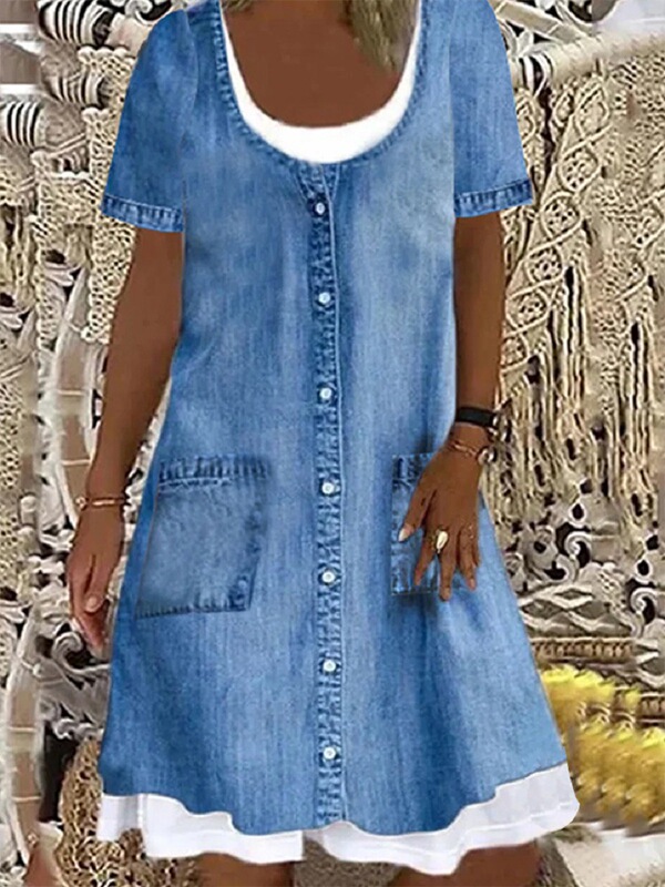 # Europe and the United States cross-border Amazon wish foreign trade women's loose fashion imitation denim short sleeve casual dress 9174 # Europe and the United States cross-border Amazon wish foreign trade women's loose fashion imitation denim short sleeve casual dress 9174
