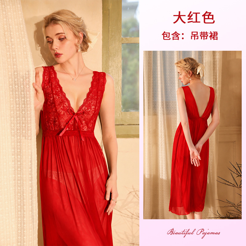 Sexy malla transparente seductora pijamas largo de hadas puro camisón caliente dulce desgaste casero traje 419