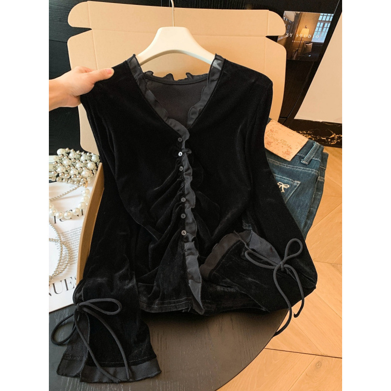 2026 Autumn New Fashionable Versatile V-Neck Loose Slimming Velvet Patchwork Ruffled Edge Floral Shirt for Women