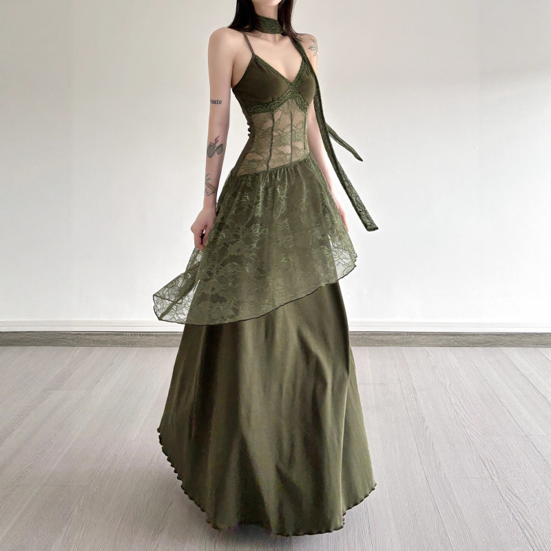 Gothic Retro Style Lace Splicing V Neck Suspender Dress for Women 2025 Forest Style Vintage Style See-Through A-Hem Long Skirt