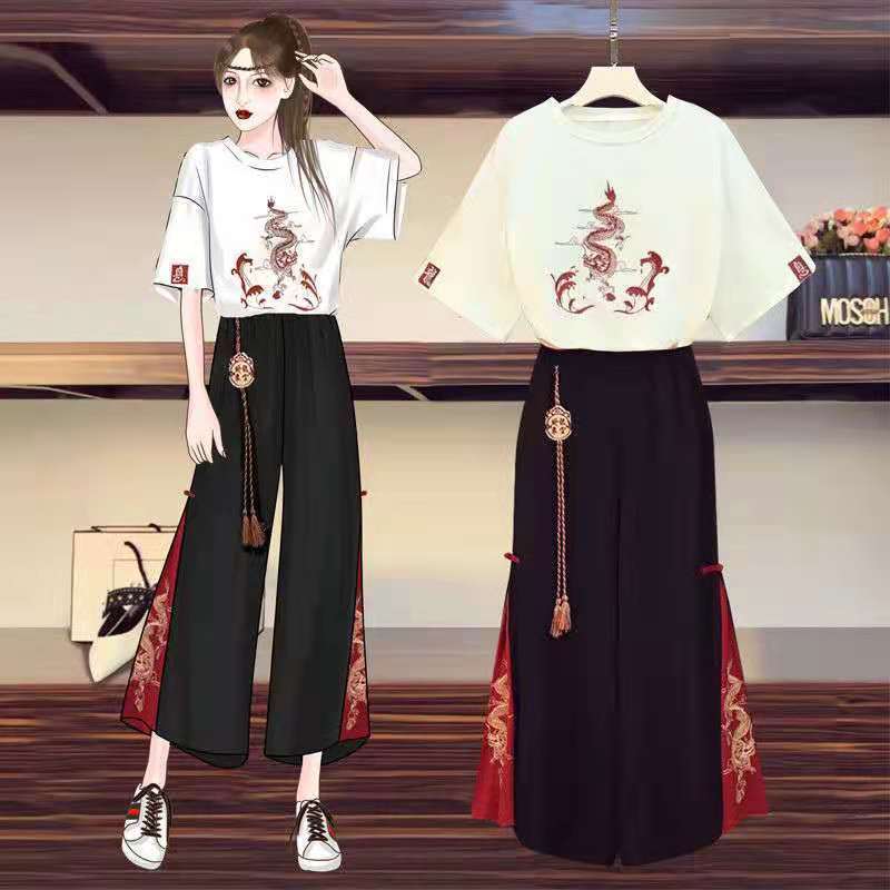 Plus Size Slightly Fat mm Women's Summer 2021 New Retro Chinese Style Ancient Costume Embroider Casual Slimming Look Bestie Suit Trendy