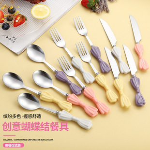 Bow Girl's Heart Stainless Steel Spoon Knife and Fork Spoon Household Dining Spoon Small Soup Spoon Long Handle Round Spoon Soup
