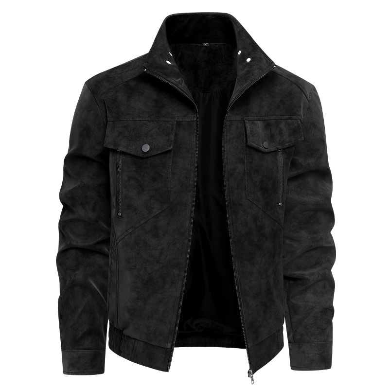 Cross-Border Stand-Up Collar Retro Suede Jacket for Men Spring Outdoor Windproof and Waterproof Motorcycle Jacket High-End Leather Jacket for Men