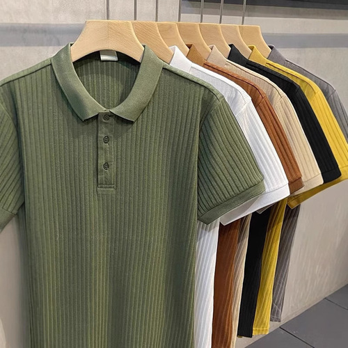 Men's Summer Striped Lace Knit Breathable Ice Silk T-shirt, Versatile Color, Comfortable Polo Shirt, Men's Base Shirt