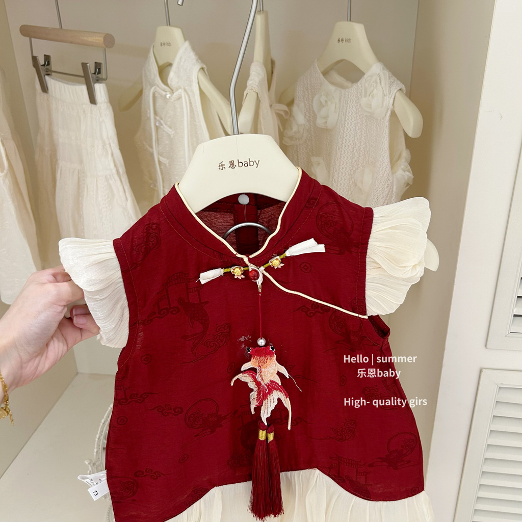 [Le En baby] Verano para niñas Nueva falda de chaleco de estilo nacional rojo chino Vestido de malla Vestido de bebé de estilo occidental