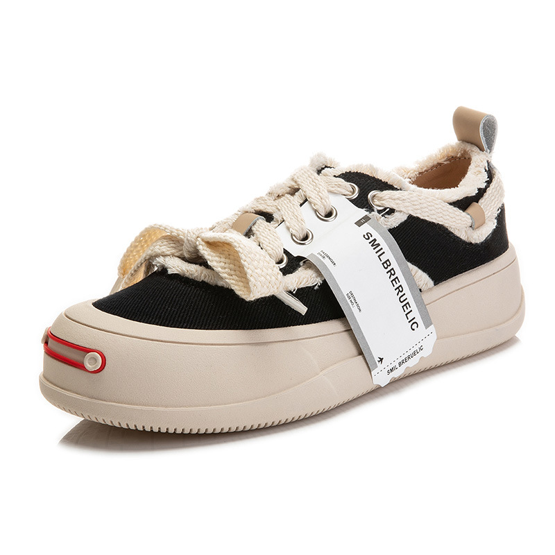 开口笑帆布鞋2022秋季新款平底小白鞋女厚底浅口单鞋时尚圆头女鞋