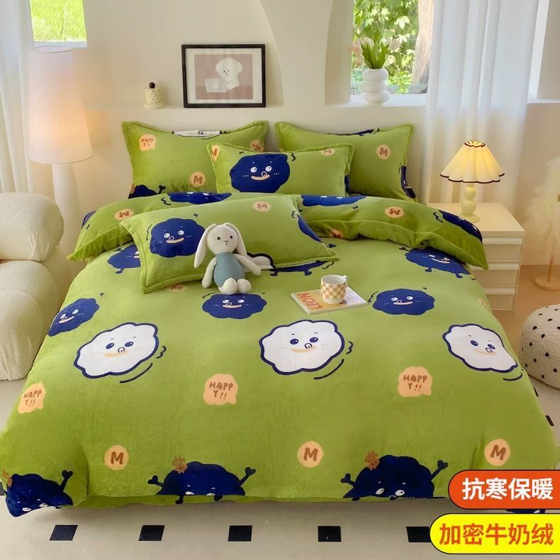 Invierno de lana de cuatro piezas de lana de leche de doble cara engrosado brida de lana de coral sábanas cubiertas de cama dormitorio tres piezas de cama