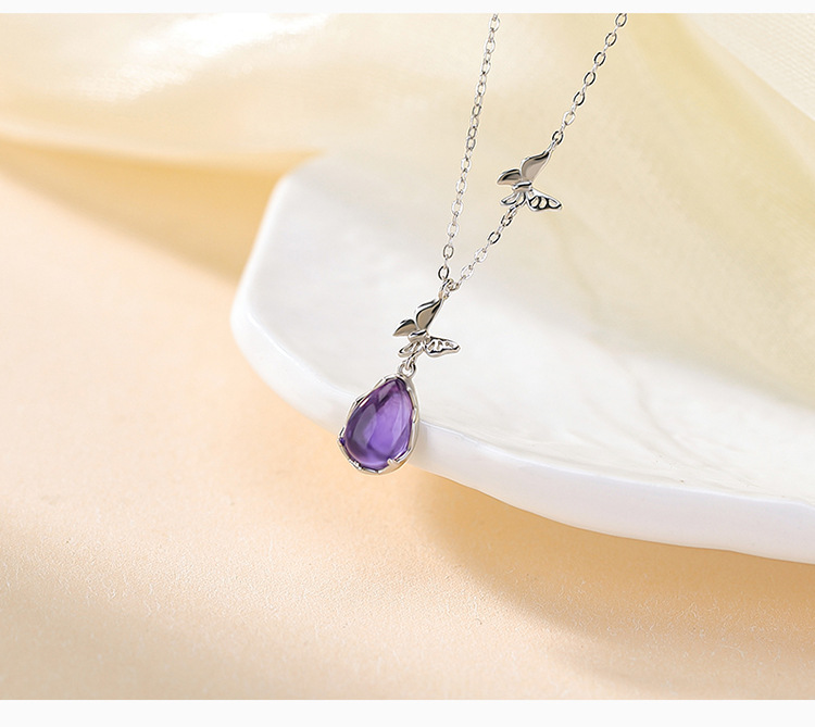 Dây chuyền mặt dây chuyền bạc S925 mạ vàng hình bướm giọt nước phong cách quốc phong — Bạc (kèm dây) chi tiết 4