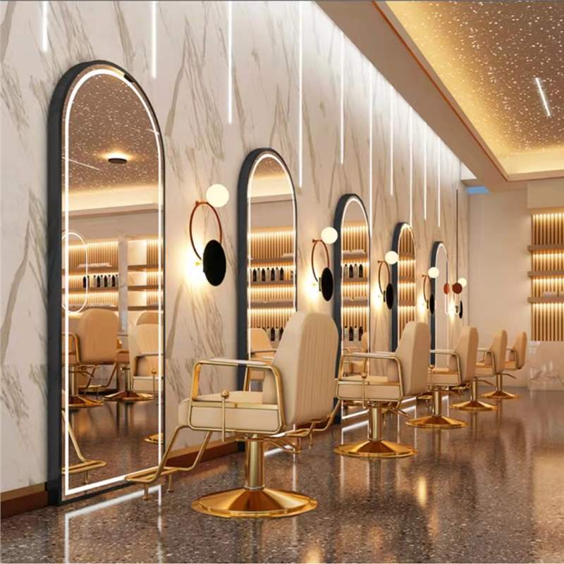 Barbería en línea tabla de espejo salón especial tipo pared simple barbería espejo de piso LED tabla de espejo de escaldado control táctil