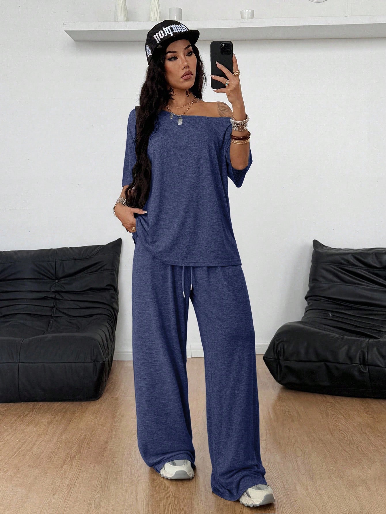 2026 Women's Casual Solid Color Oblique Neck Wide Leg Pants Set Sports Two-piece Set Loose Pants_ecoleips.com