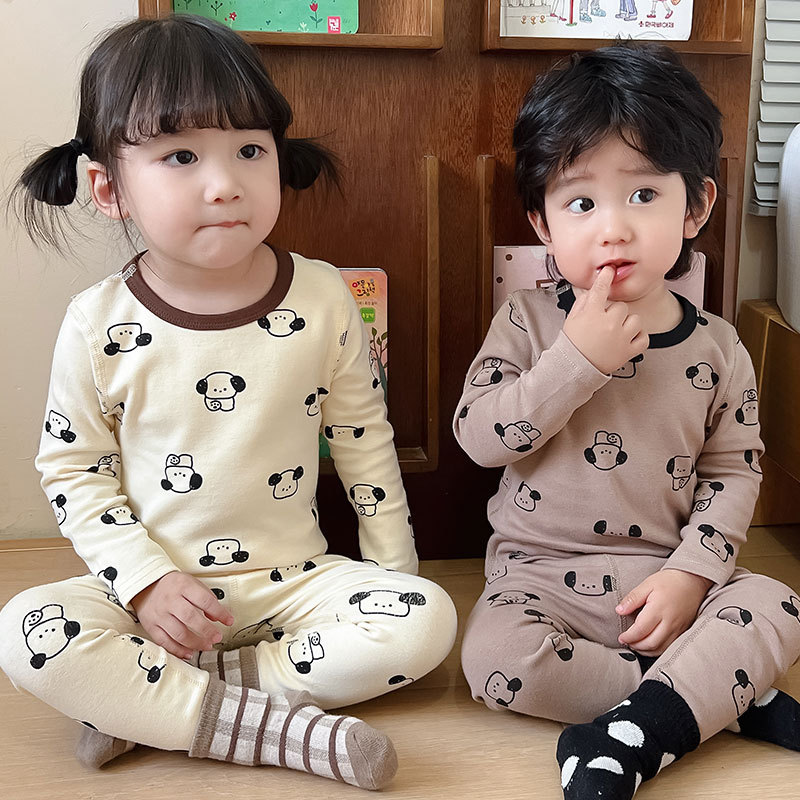 어린이 가을과 겨울 한국 스타일 순면 잠옷 어린이 따뜻한 바지 속옷 소년과 소녀 아기 만화 홈 의류 세트