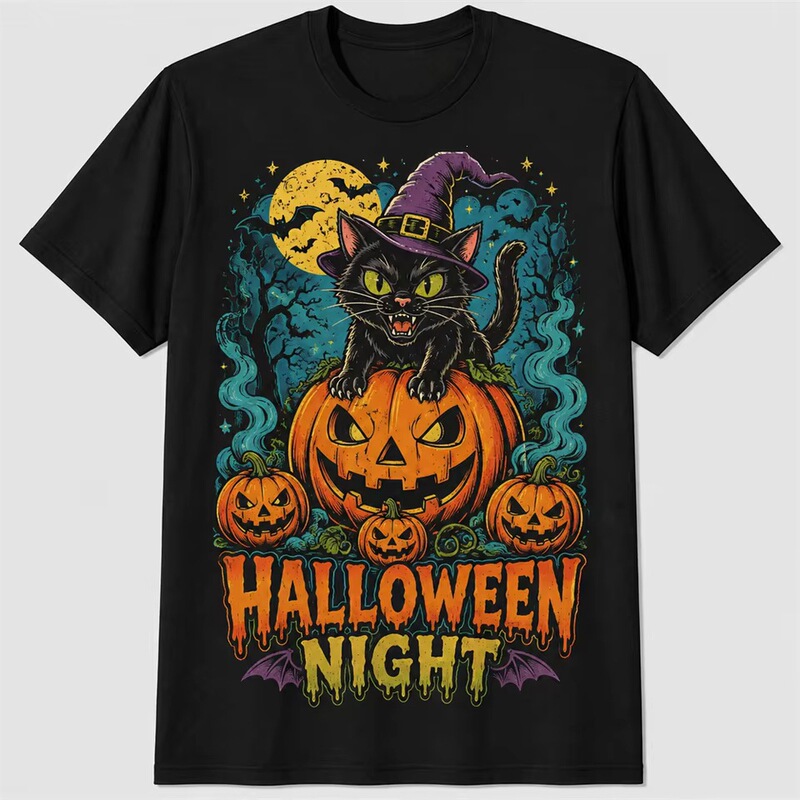 Happy Halloween T-shirt, featuring a fun holiday slogan, 3D printed, black short-sleeved T-shirt with pumpkin and skull designs Happy Halloween T-shirt, featuring a fun holiday slogan, 3D printed, black short-sleeved T-shirt with pumpkin and skull designs