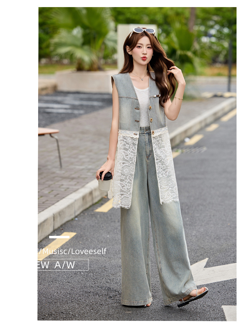 Bộ quần áo denim nữ gồm áo vest không tay và quần ống rộng AH8620 — Màu ảnh chi tiết 18