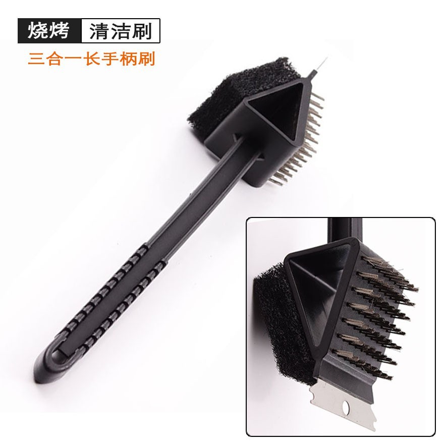 Cepillo de limpieza de red de barbacoa Cepillo de triángulo de 14,5 pulgadas Parrilla de barbacoa Cepillo de alambre tres en uno Cepillo de mango largo