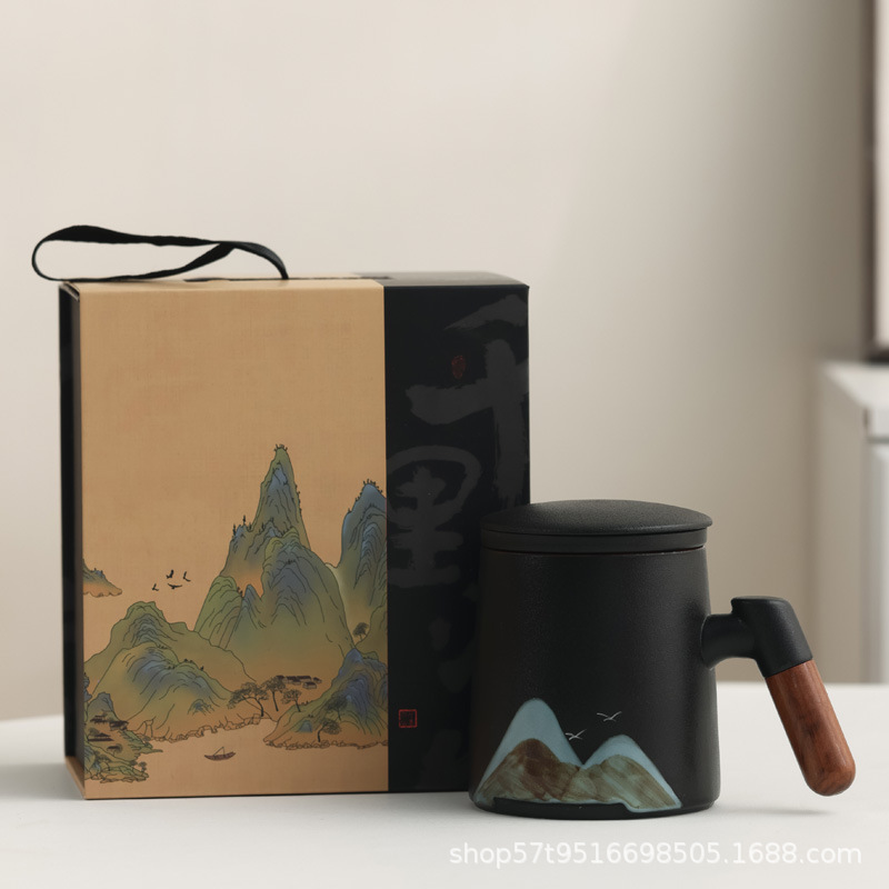 Taza de cerámica Jiangshan set de regalo de taza de marca de filtro de taza de agua de negocios de talla LOGO publicidad al por mayor