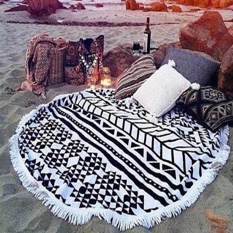 Round Mandala Tapestry Indian Wall Hanging Beach Bath Towel Yoga Mat Sunscreen Shawl Wrap Skirt Tassel Cotton Beach Towel