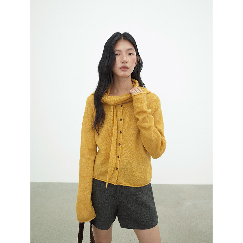 Mmc Long-Sleeved Knitted Cardigan for Women, New Autumn Korean Style Loose High-End Mohair Wool Sweater with Scarf Delivery