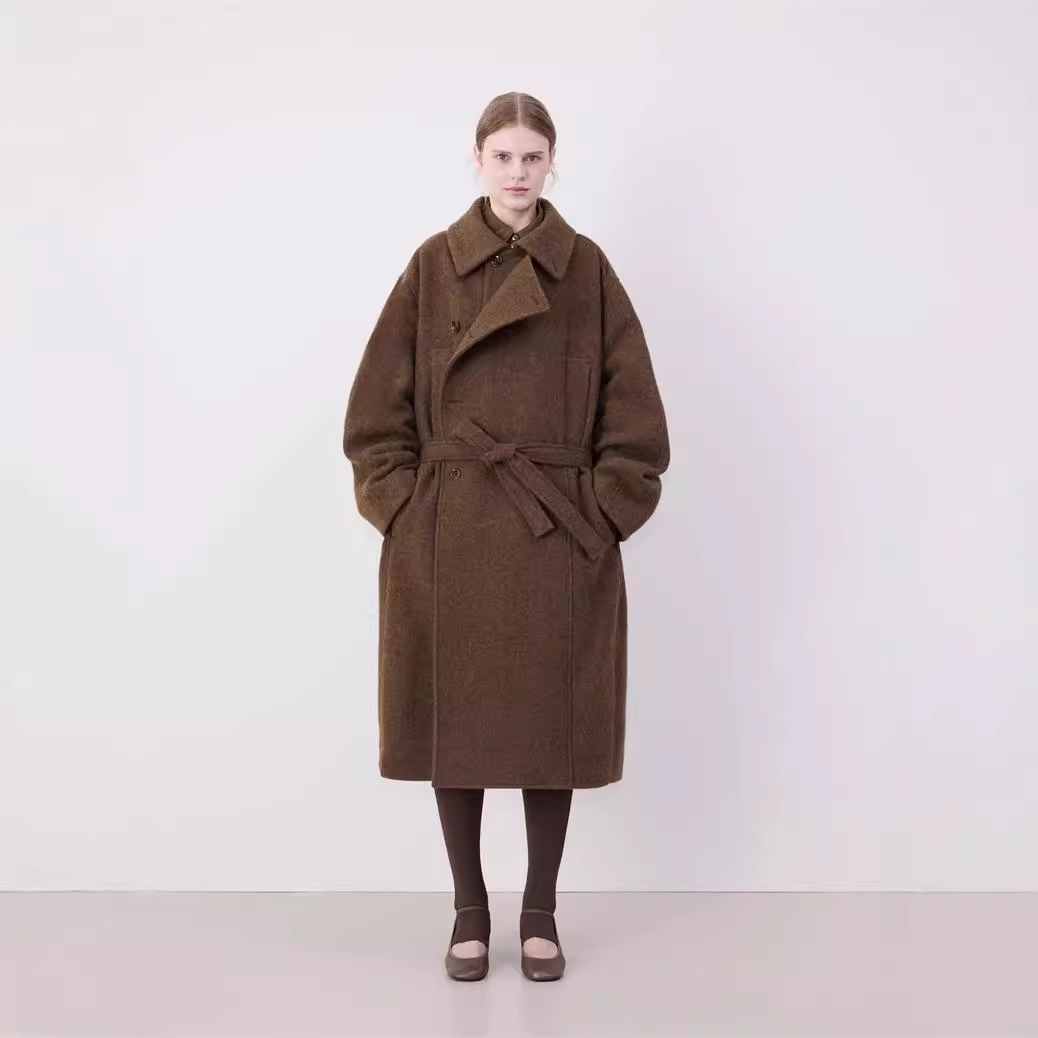 LEMA*24新款冬季外套女高级感纯色不对称设计感束腰显瘦羊毛大衣