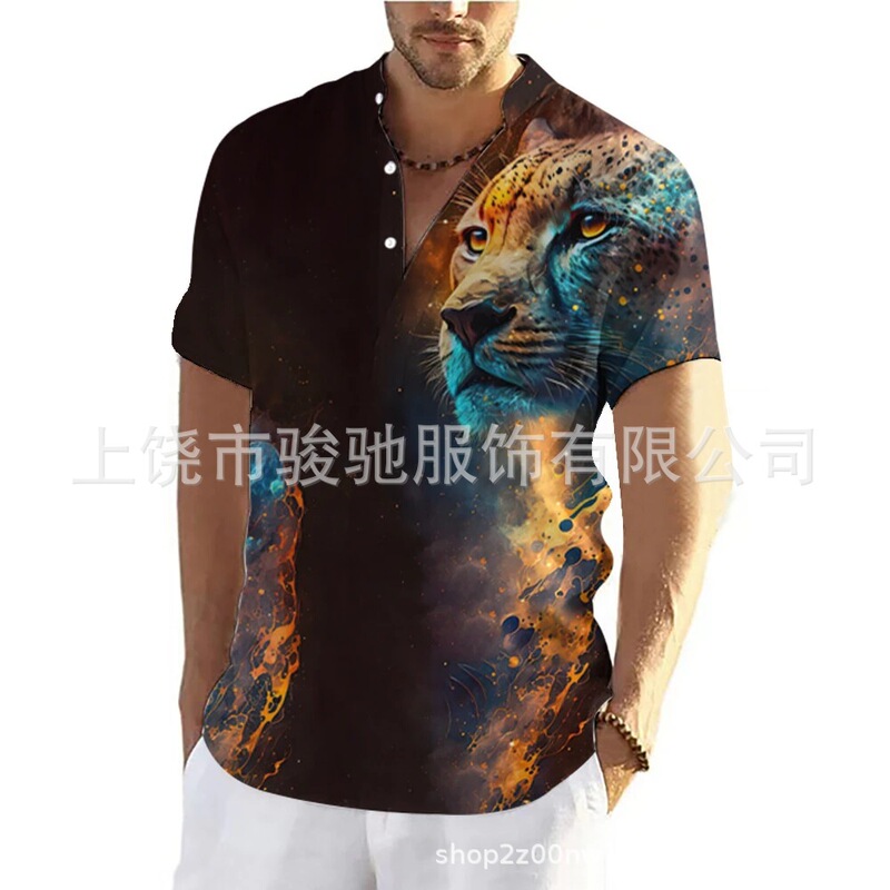 Cross-Border New Men's Short-Sleeved Shirt 3D Leopard Print Casual Top Foreign Trade Plus-Size Men's Clothing Wholesale Cross-Border New Men's Short-Sleeved Shirt 3D Leopard Print Casual Top Foreign Trade Plus-Size Men's Clothing Wholesale