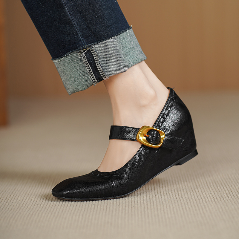 Giày Mary Jane nữ quai ngang da cừu gót thô 5 cm phong cách Pháp cổ điển — đen