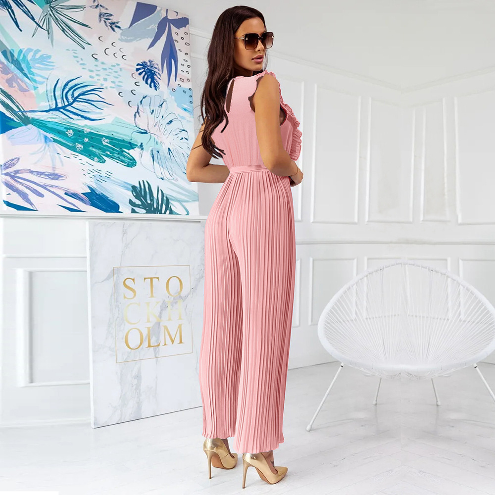 pleated solid color wide-leg V-neck sleeveless ruffle lace-up jumpsuit (multicolor) NSHYG125297