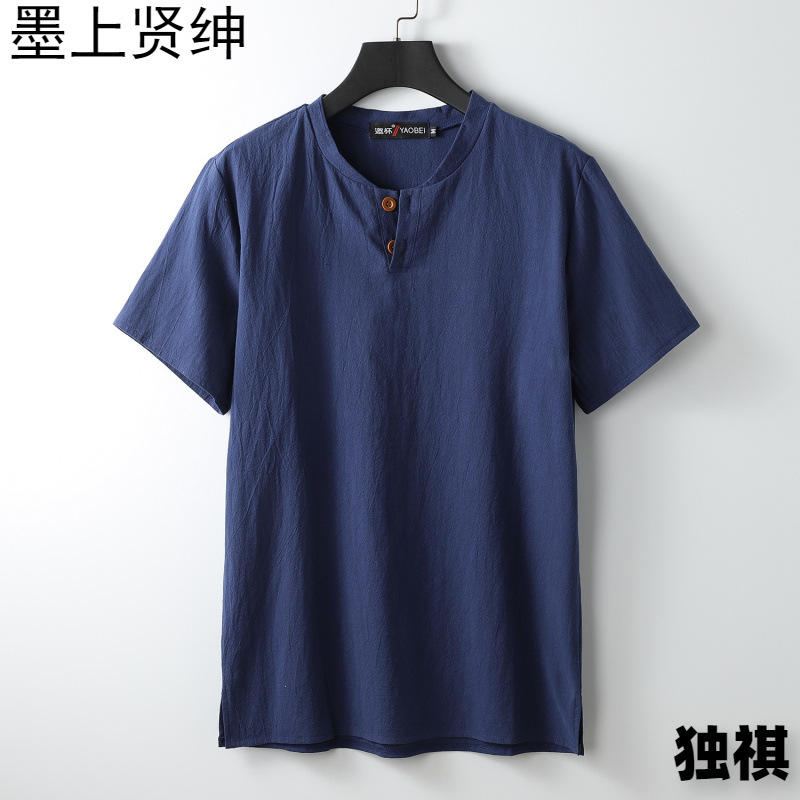 Camiseta de manga corta con cuello alto y tamaño extra gordo para hombre, estilo chino de verano, algodón y lino con aberturas, camiseta de media manga suelta y gorda