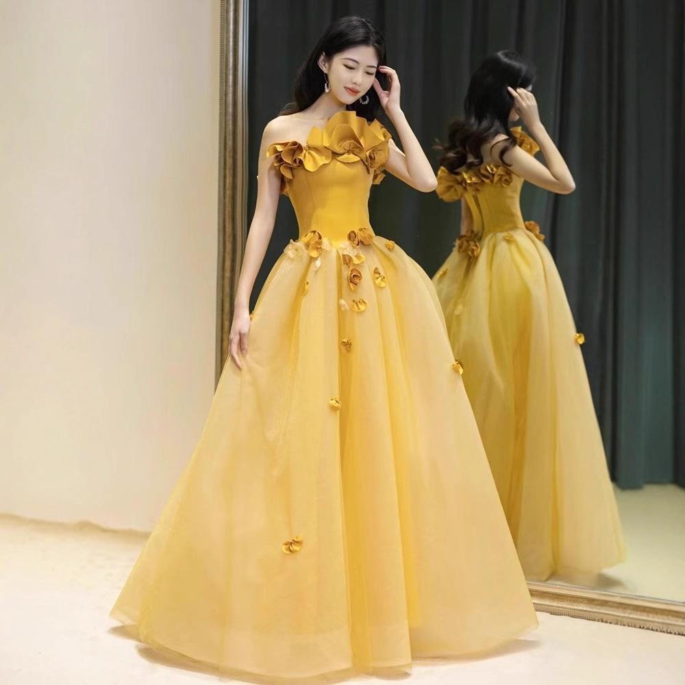 Yellow Evening Dress High-End Light Luxury Niche Adult Ceremony Host Strapless Toast Dress Bride Engagement Banquet High-End Feel