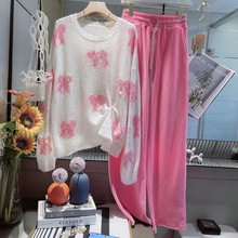 秋季新款重工烫钻闪闪软妹初恋减龄马海毛蝴蝶结薄款温柔风毛衣女