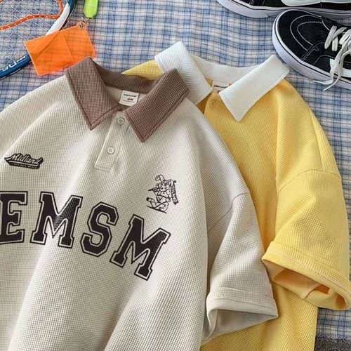 2024 Summer New Men's Waffle-Polo Short-Sleeve T-Shirt in Klein Blue—Trendy Brand, Loose-Fit, Hong Kong-Style T-Shirt