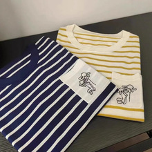 2025年68支16针薄款T恤 欧美大牌 条纹口袋圆领  套头绣花短袖针