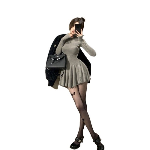 Pure Desire Hot Girl High Neck Versatile Long Sleeve Dress Women Autumn Winter New Arrival Slimming Bodycon Skirt Short Skirt